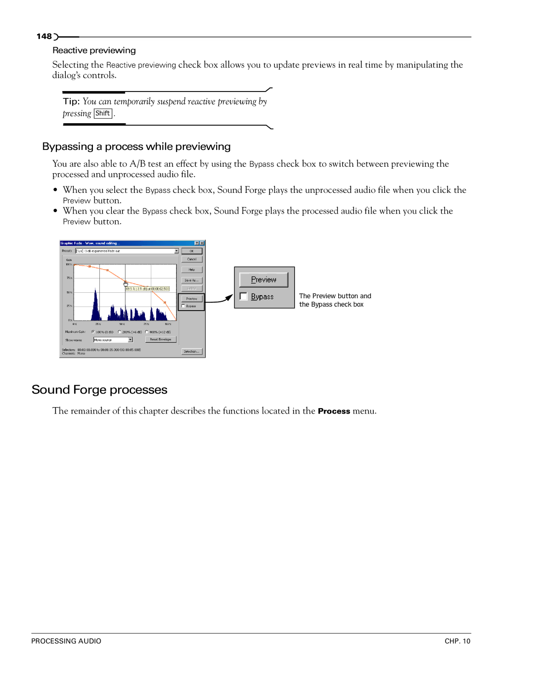 Sony 7 manual Sound Forge processes, Bypassing a process while previewing 