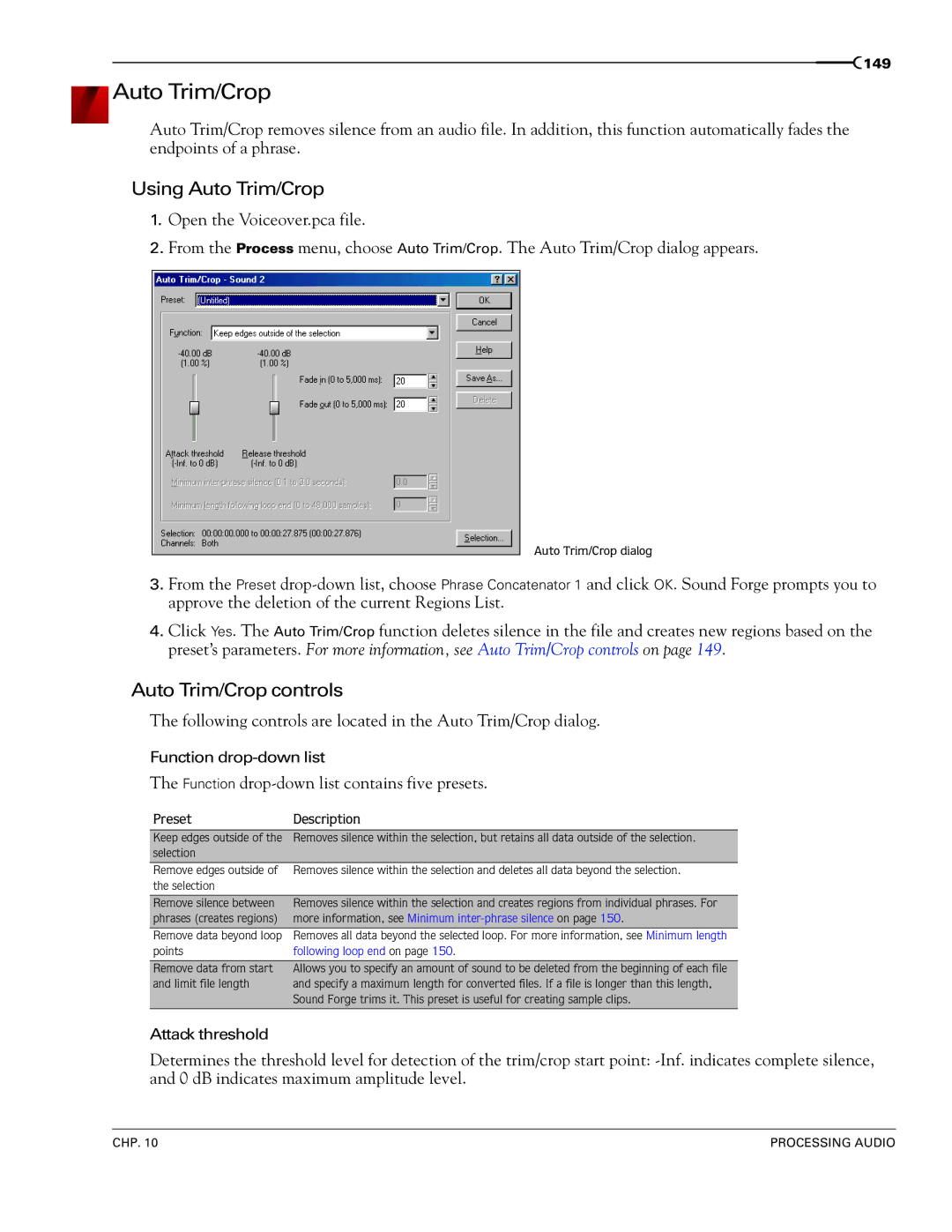 Sony 7 manual Using Auto Trim/Crop, Auto Trim/Crop controls, Preset Description 