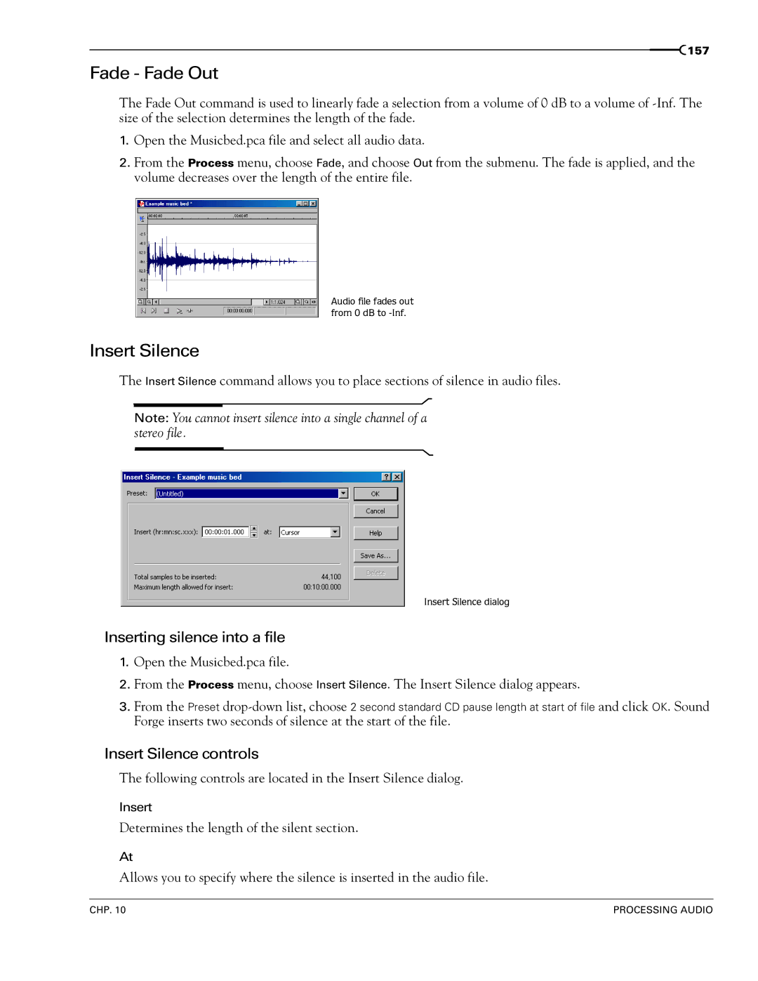 Sony 7 manual Fade Fade Out, Inserting silence into a file, Insert Silence controls 