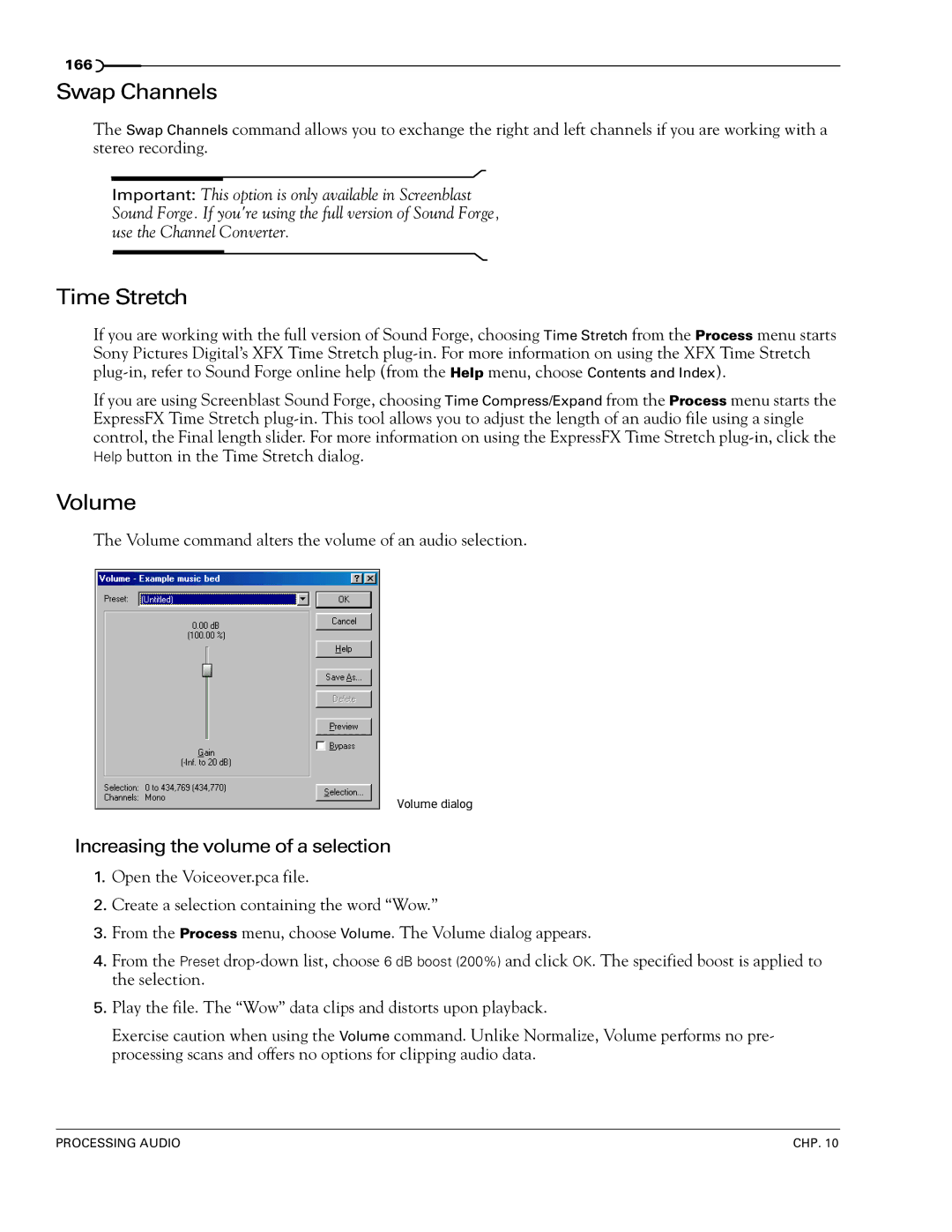 Sony 7 manual Swap Channels, Time Stretch, Volume, Increasing the volume of a selection 