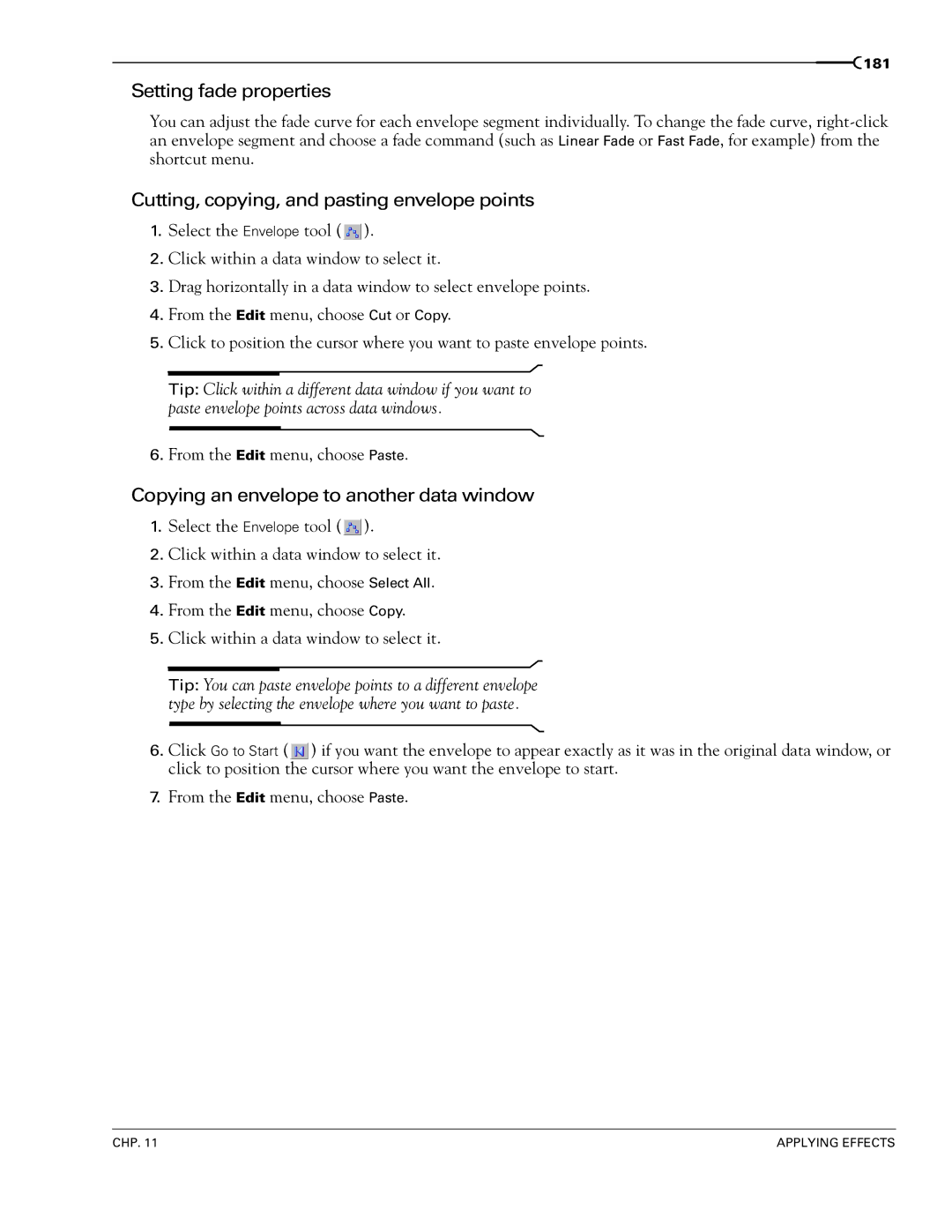 Sony 7 Setting fade properties, Cutting, copying, and pasting envelope points, Copying an envelope to another data window 