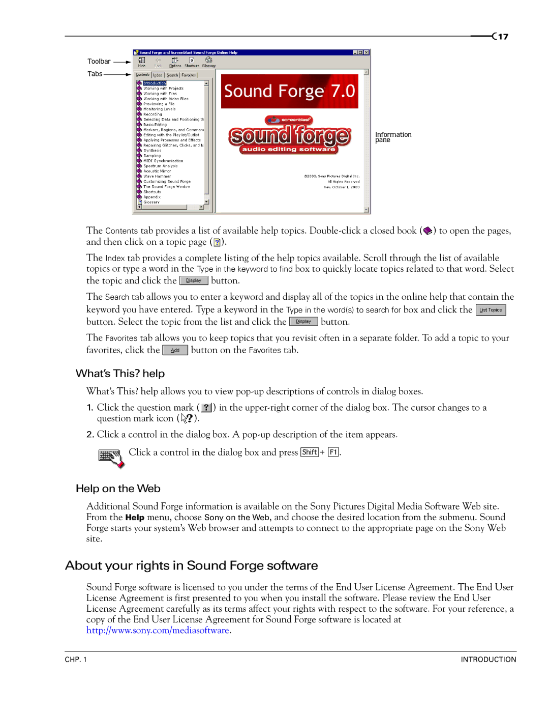 Sony 7 manual About your rights in Sound Forge software, What’s This? help, Help on the Web 