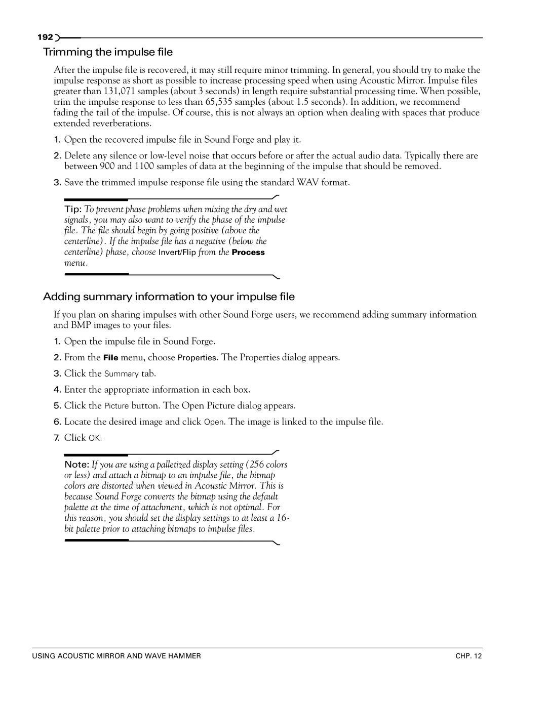 Sony 7 manual Trimming the impulse file, Adding summary information to your impulse file 