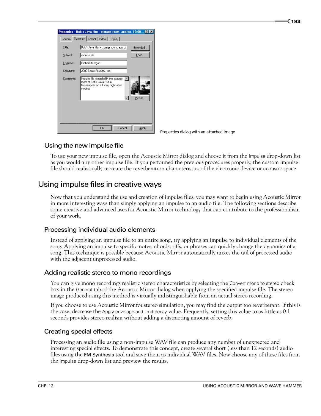 Sony 7 manual Using impulse files in creative ways, Using the new impulse file, Processing individual audio elements 