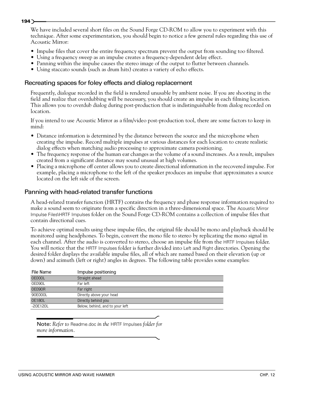 Sony 7 manual Recreating spaces for foley effects and dialog replacement, Panning with head-related transfer functions 