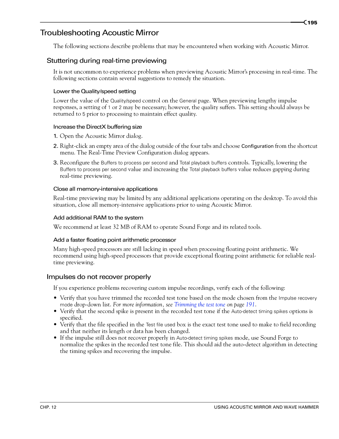 Sony 7 manual Troubleshooting Acoustic Mirror, Stuttering during real-time previewing, Impulses do not recover properly 