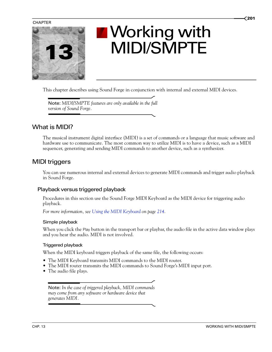 Sony 7 manual Working with 13 MIDI/SMPTE, What is MIDI?, Midi triggers, Playback versus triggered playback 