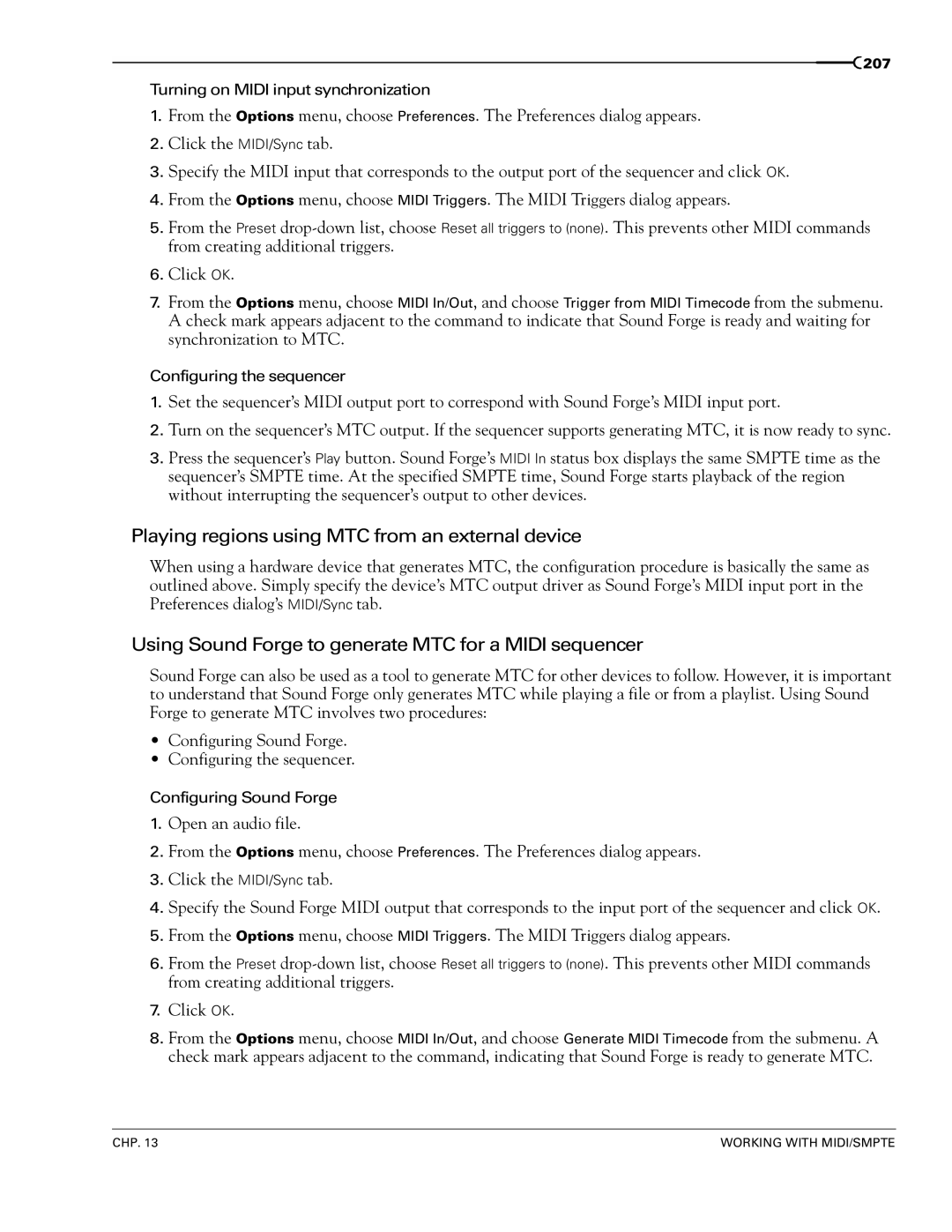 Sony 7 manual Playing regions using MTC from an external device, Using Sound Forge to generate MTC for a Midi sequencer 