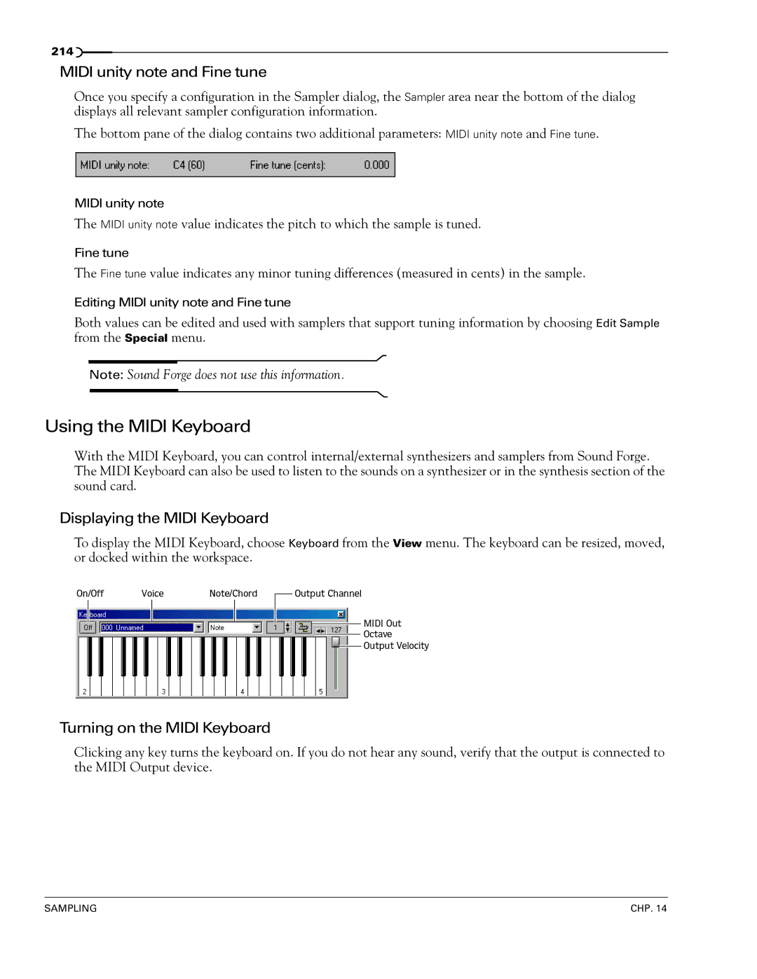 Sony 7 Using the Midi Keyboard, Midi unity note and Fine tune, Displaying the Midi Keyboard, Turning on the Midi Keyboard 