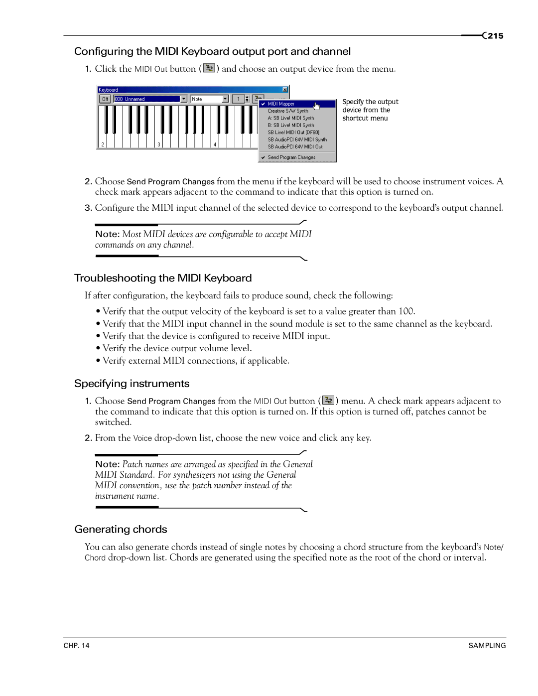 Sony 7 Configuring the Midi Keyboard output port and channel, Troubleshooting the Midi Keyboard, Specifying instruments 