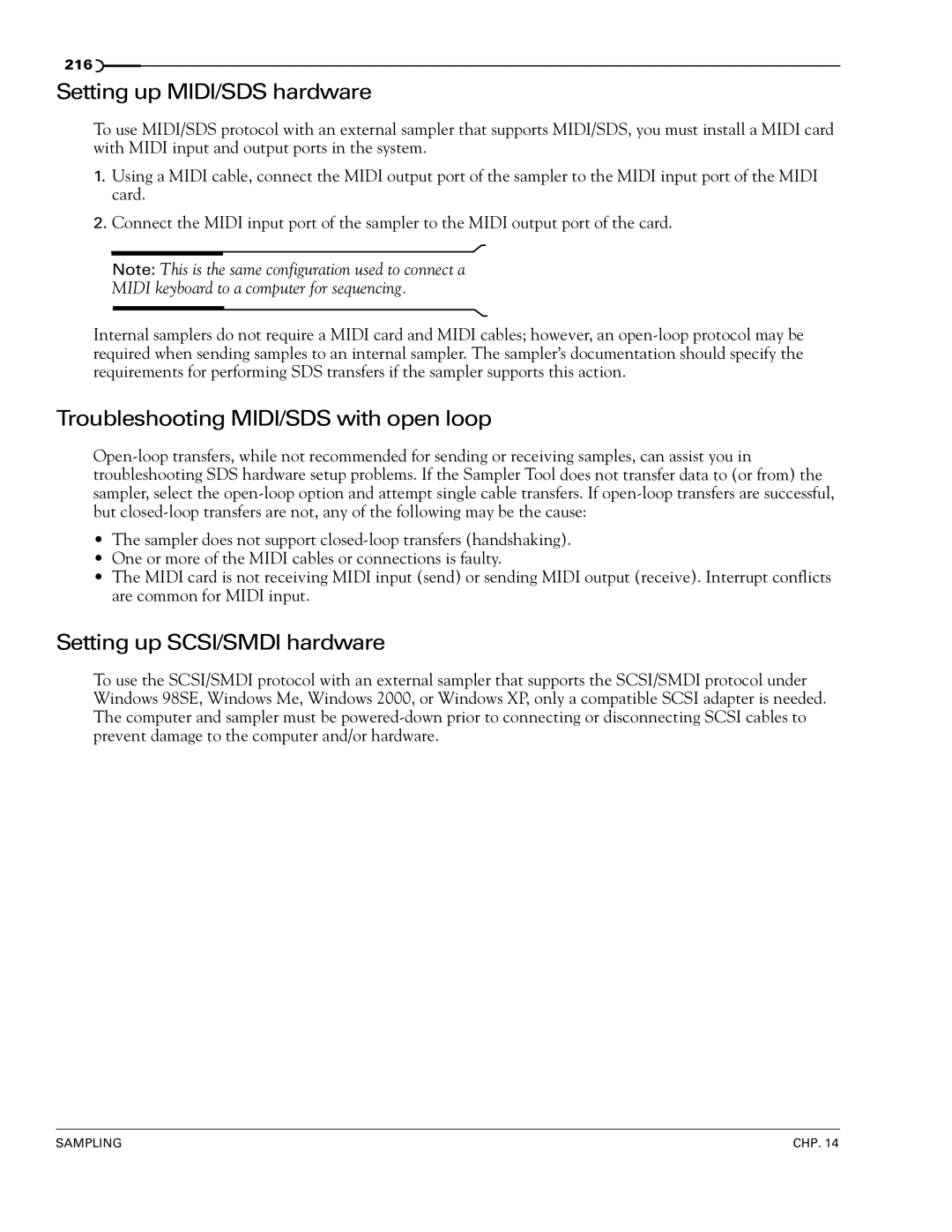 Sony 7 manual Setting up MIDI/SDS hardware, Troubleshooting MIDI/SDS with open loop, Setting up SCSI/SMDI hardware 