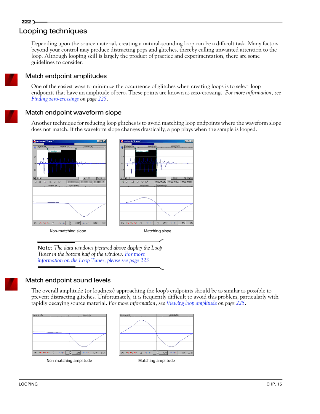 Sony 7 manual Looping techniques, Match endpoint amplitudes, Match endpoint waveform slope, Match endpoint sound levels 