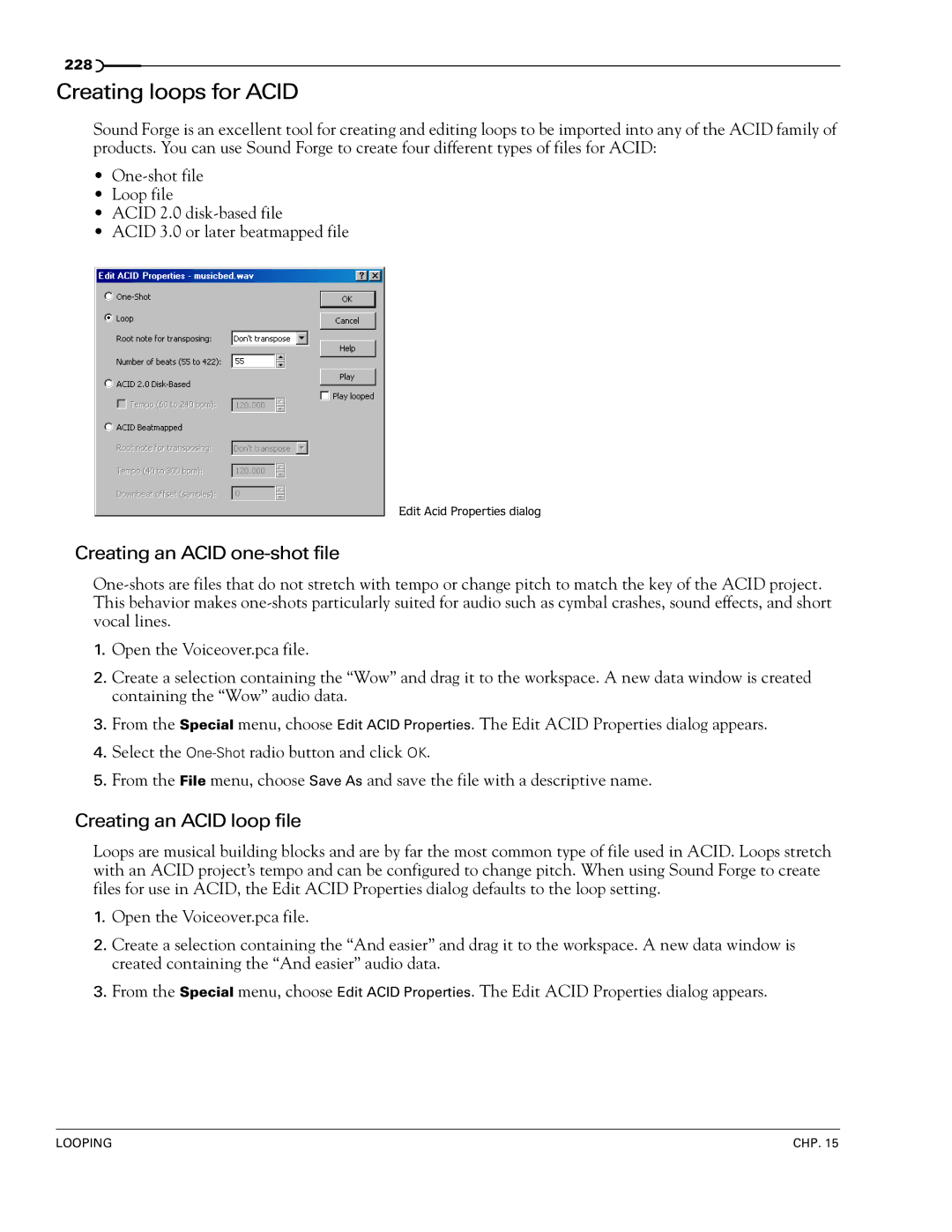 Sony 7 manual Creating loops for Acid, Creating an Acid one-shot file, Creating an Acid loop file 