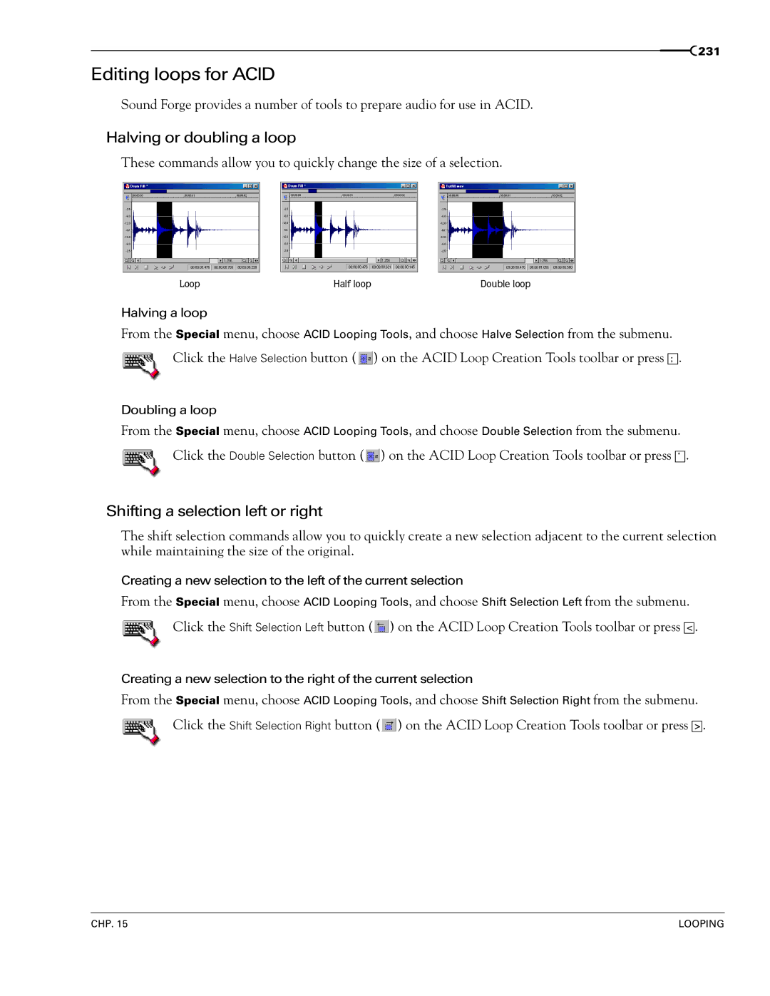 Sony 7 manual Editing loops for Acid, Halving or doubling a loop, Shifting a selection left or right 