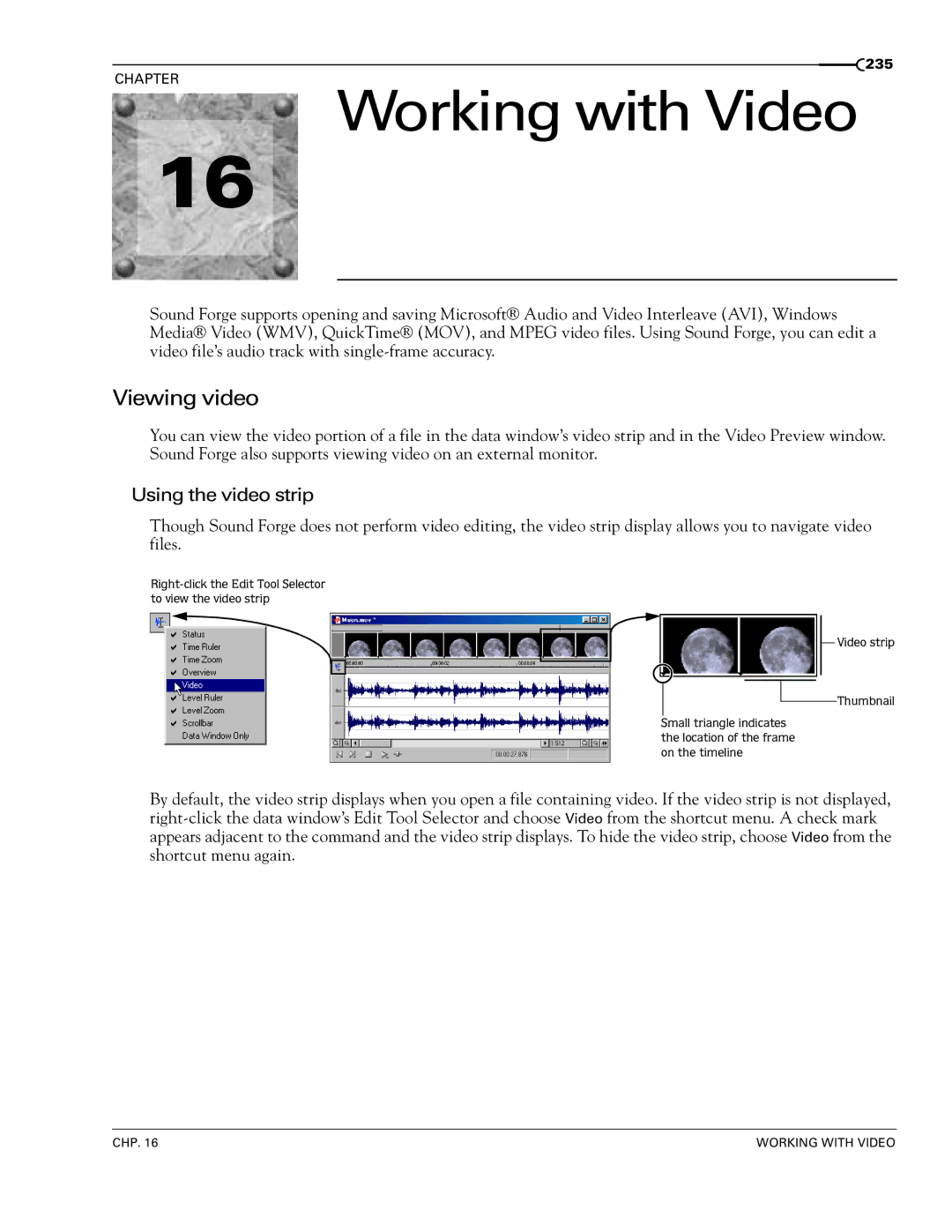 Sony 7 manual Working with Video, Viewing video, Using the video strip 