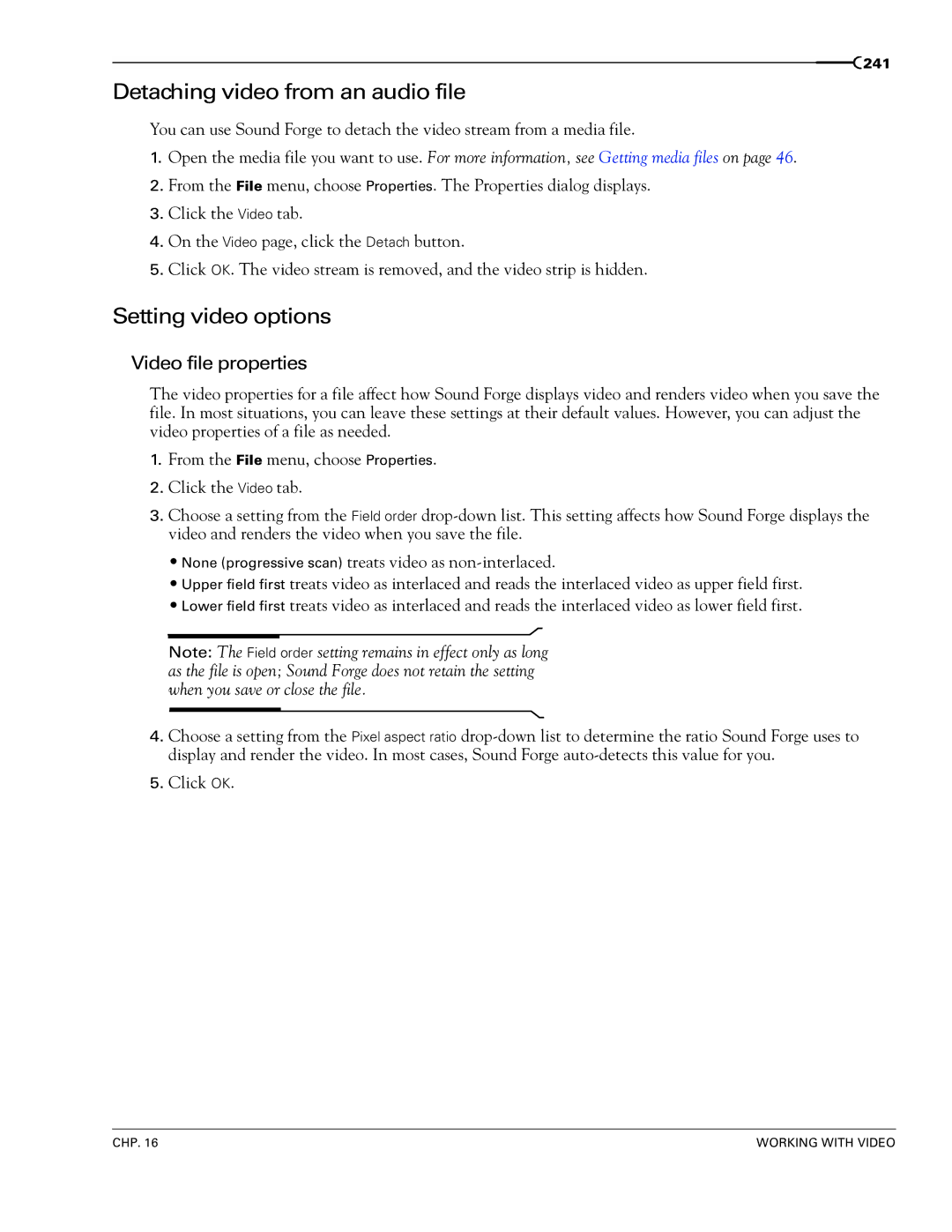 Sony 7 manual Detaching video from an audio file, Setting video options, Video file properties 