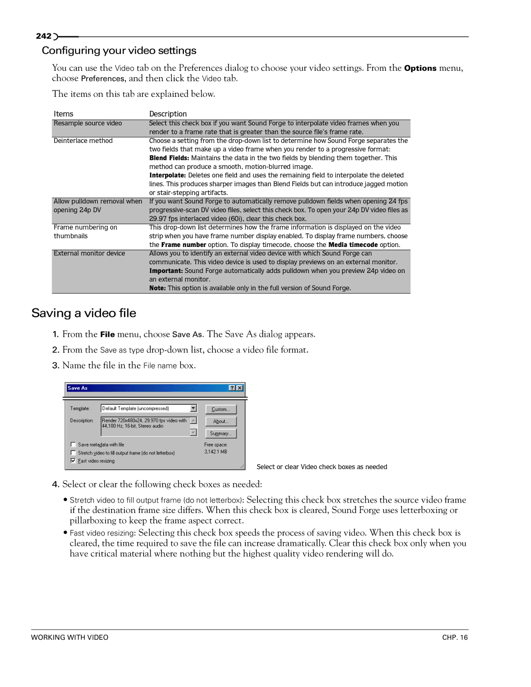 Sony 7 manual Saving a video file, Configuring your video settings, Items Description 