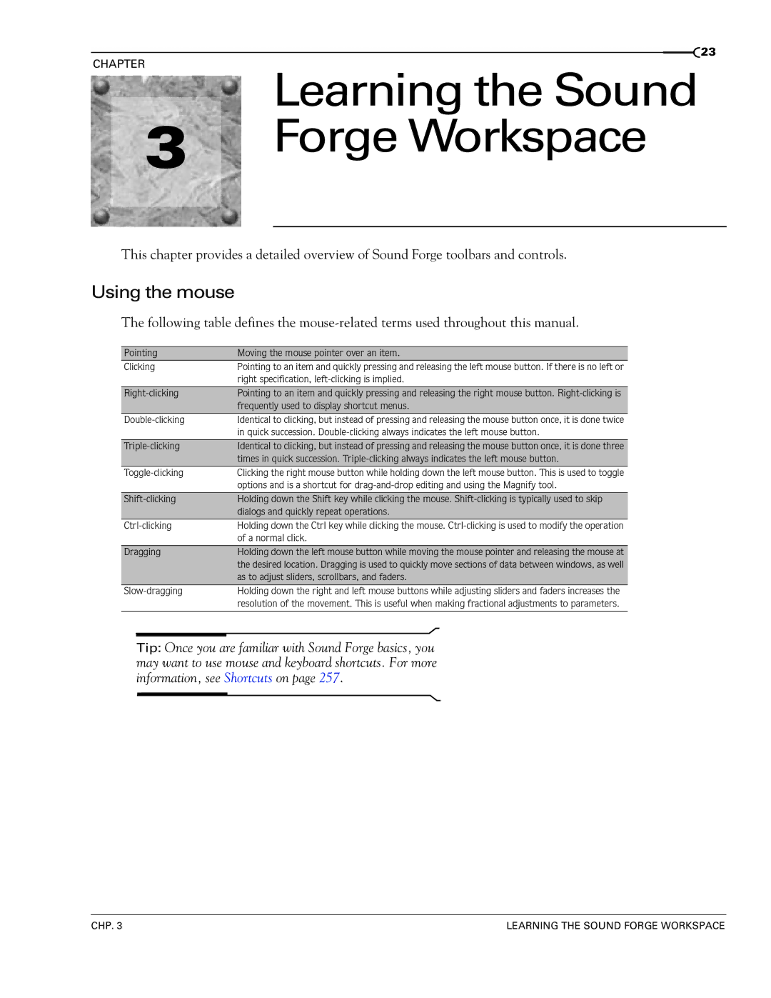 Sony 7 manual Learning the Sound, Forge Workspace, Using the mouse 