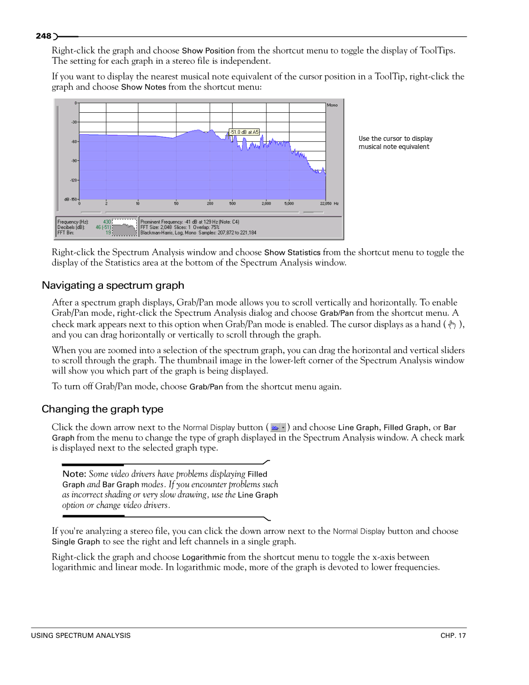 Sony 7 manual Navigating a spectrum graph, Changing the graph type 