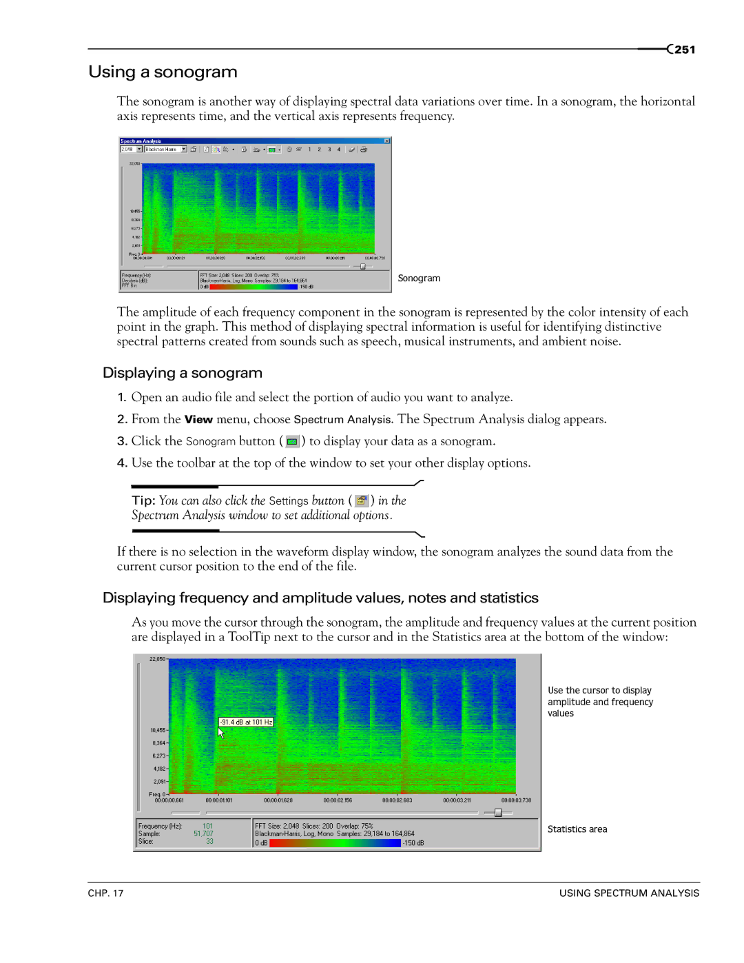 Sony 7 manual Using a sonogram, Displaying a sonogram 