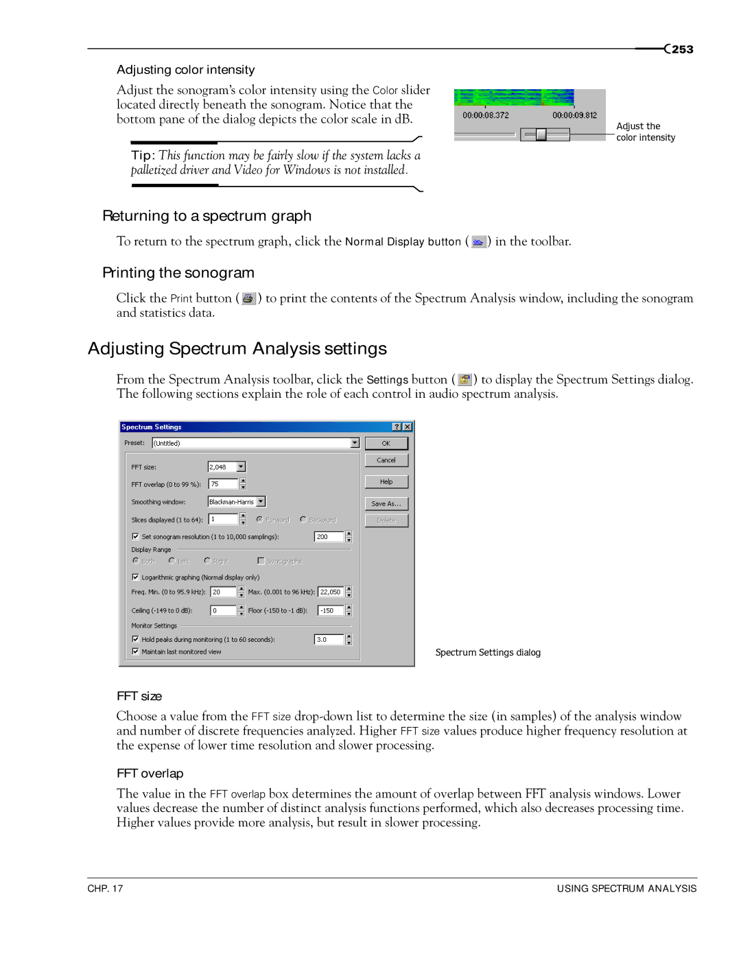 Sony 7 manual Adjusting Spectrum Analysis settings, Returning to a spectrum graph, Printing the sonogram 