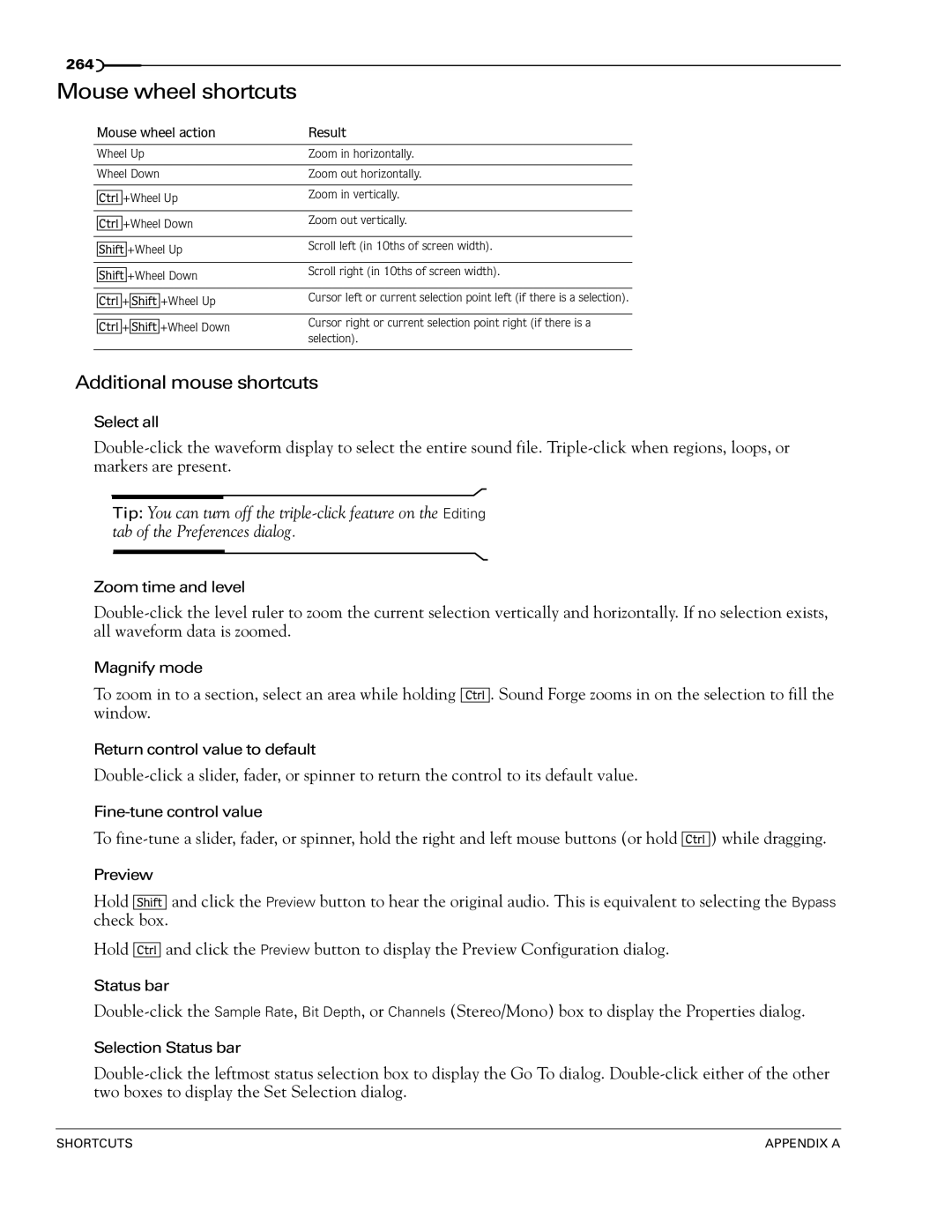 Sony 7 manual Mouse wheel shortcuts, Additional mouse shortcuts, Mouse wheel action Result 