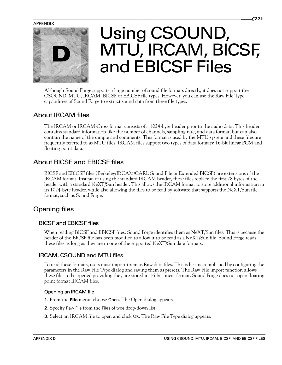 Sony 7 manual Using Csound, Ebicsf Files, About Ircam files, About Bicsf and Ebicsf files, Opening files 