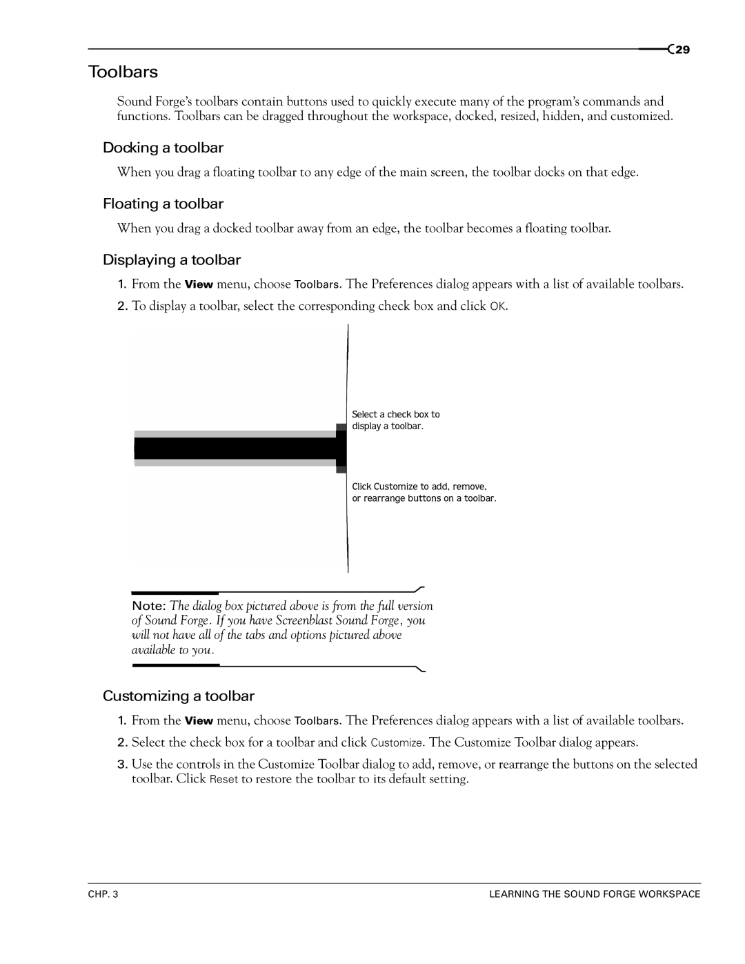 Sony 7 manual Toolbars, Docking a toolbar, Floating a toolbar, Displaying a toolbar, Customizing a toolbar 