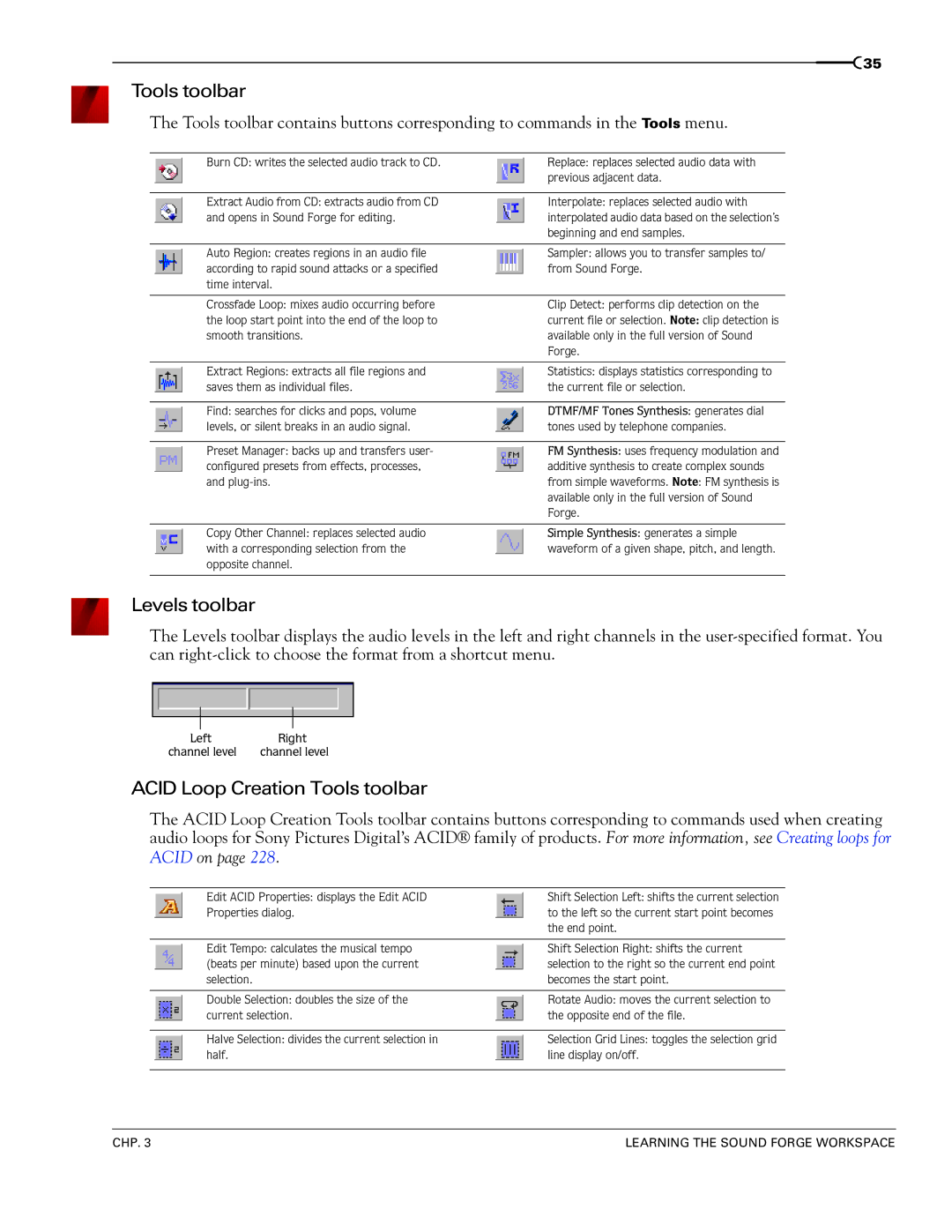 Sony 7 manual Levels toolbar, Acid Loop Creation Tools toolbar 