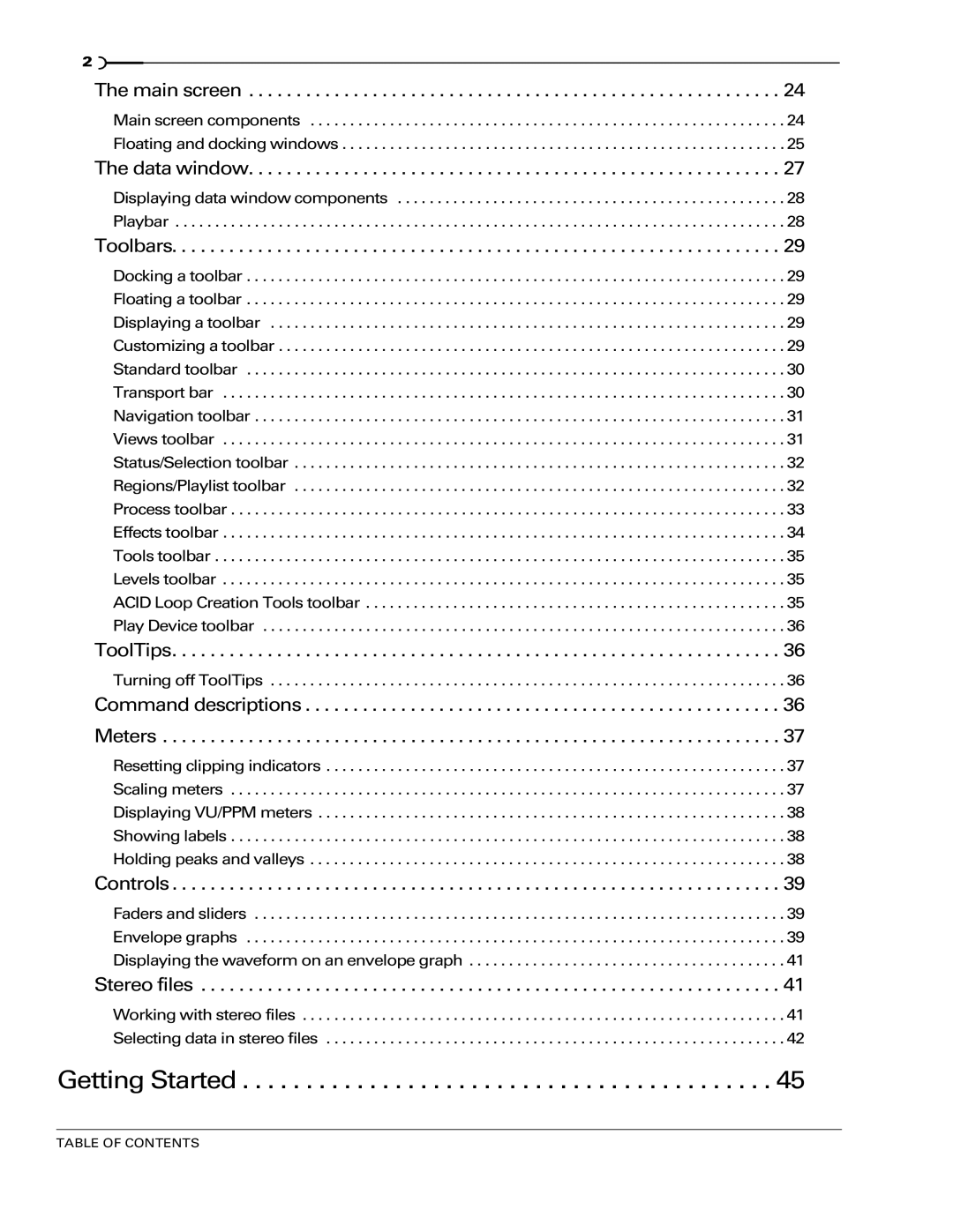 Sony 7 manual Main screen, Data window, Toolbars, ToolTips, Command descriptions Meters, Controls, Stereo files 