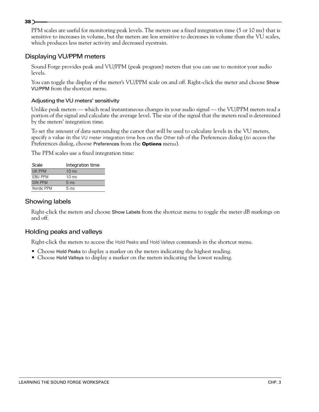 Sony 7 manual Displaying VU/PPM meters, Showing labels, Holding peaks and valleys, Scale Integration time 