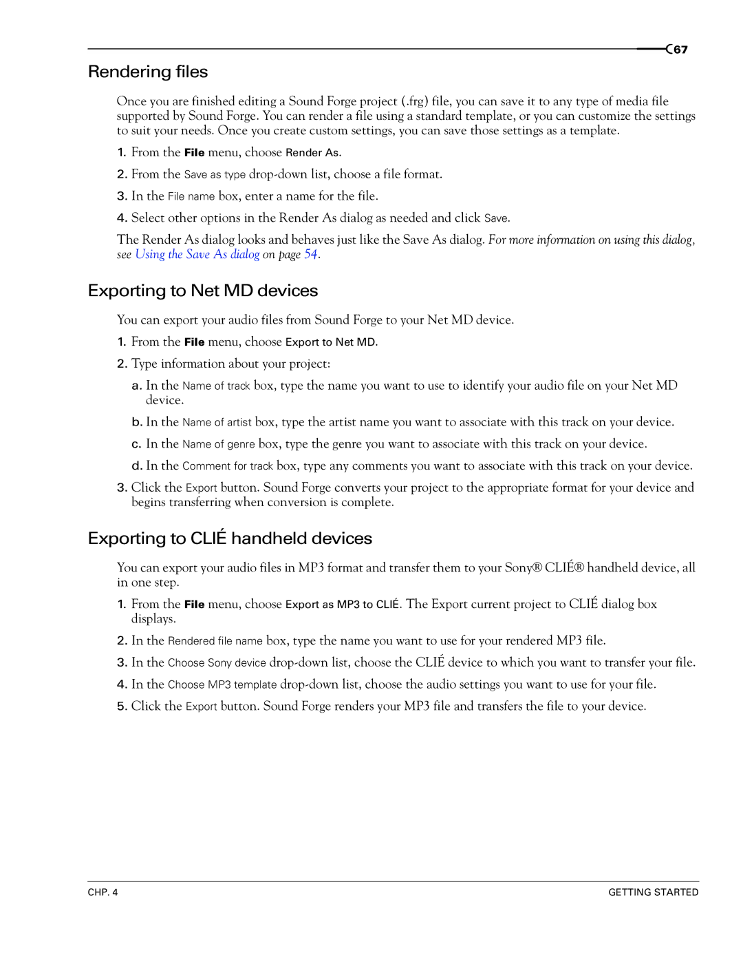 Sony 7 manual Rendering files, Exporting to Net MD devices, Exporting to Clié handheld devices 