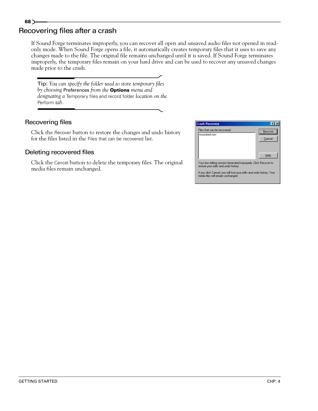 Sony 7 manual Recovering files after a crash, Deleting recovered files 