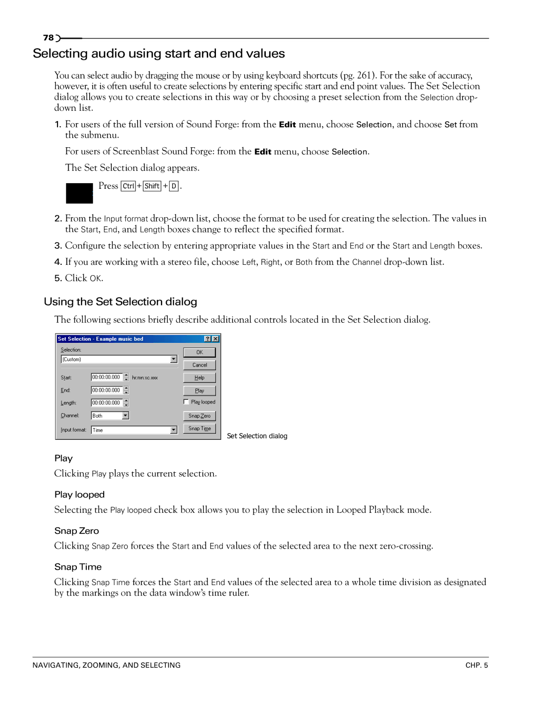 Sony 7 manual Selecting audio using start and end values, Using the Set Selection dialog 