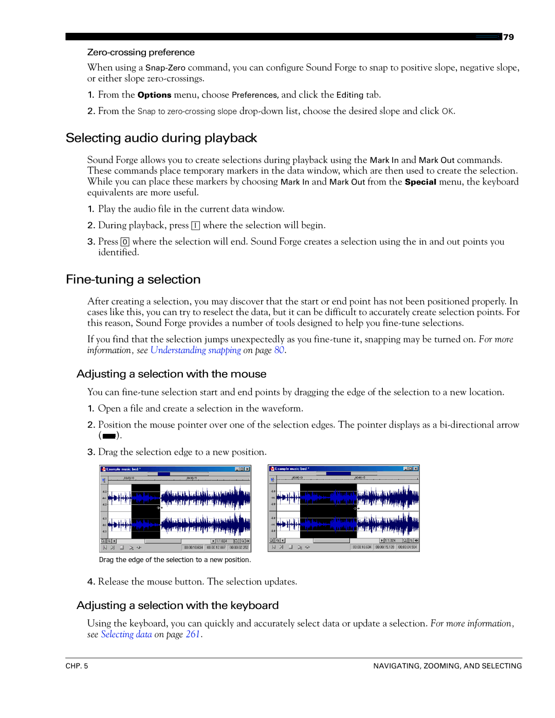 Sony 7 manual Selecting audio during playback, Fine-tuning a selection, Adjusting a selection with the mouse 