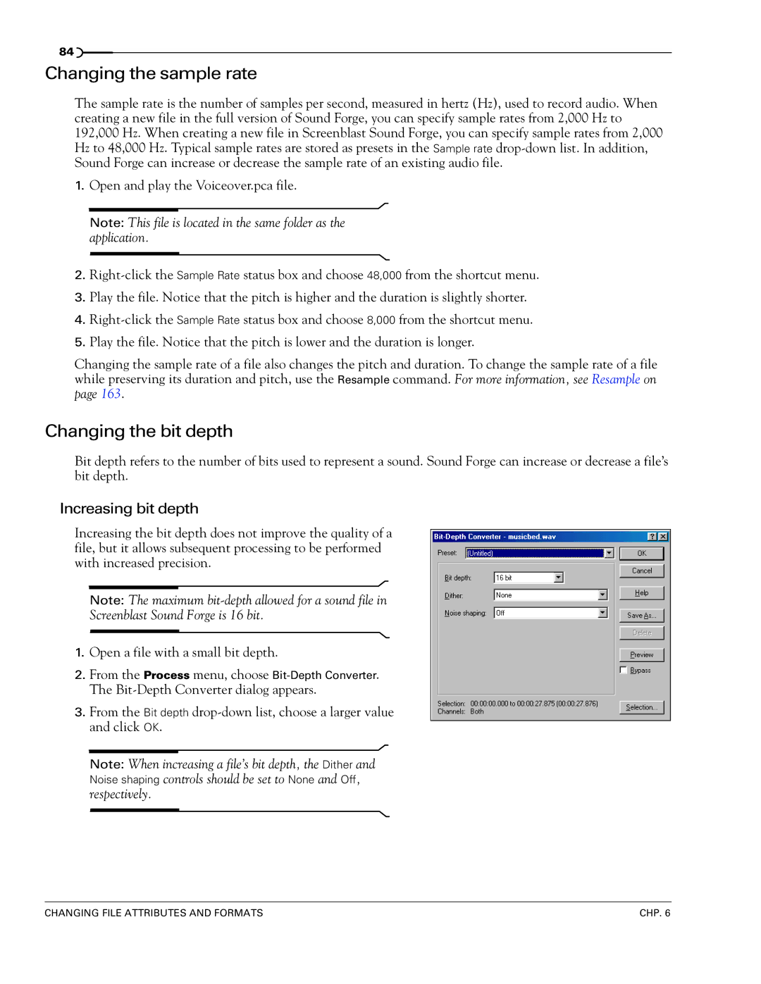 Sony 7 manual Changing the sample rate, Changing the bit depth, Increasing bit depth 