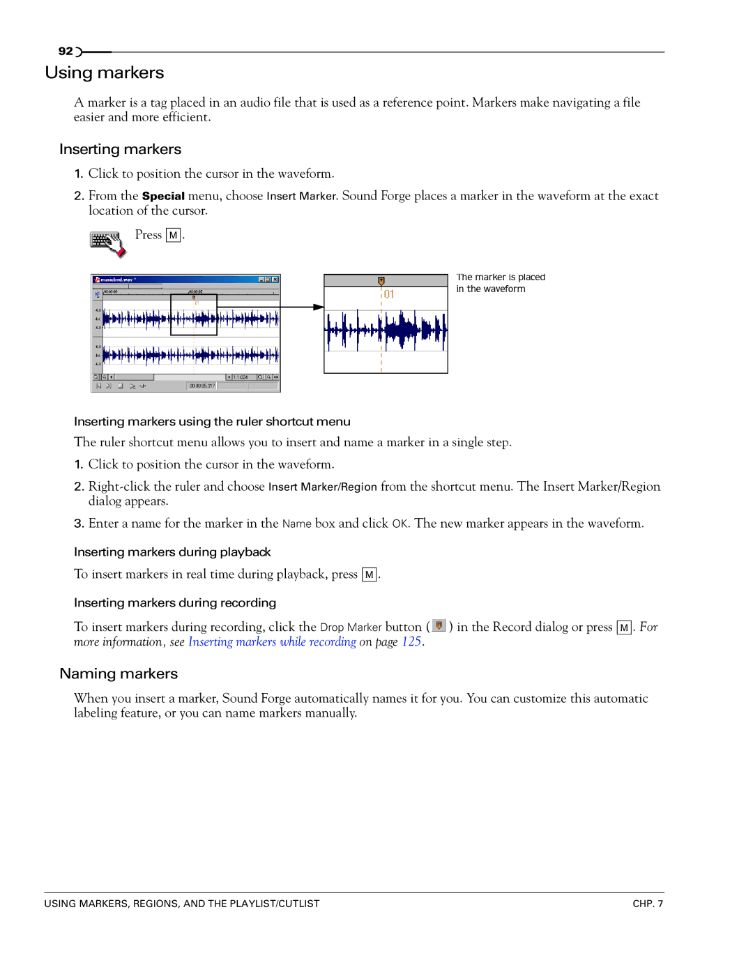 Sony 7 manual Using markers, Inserting markers, Naming markers 