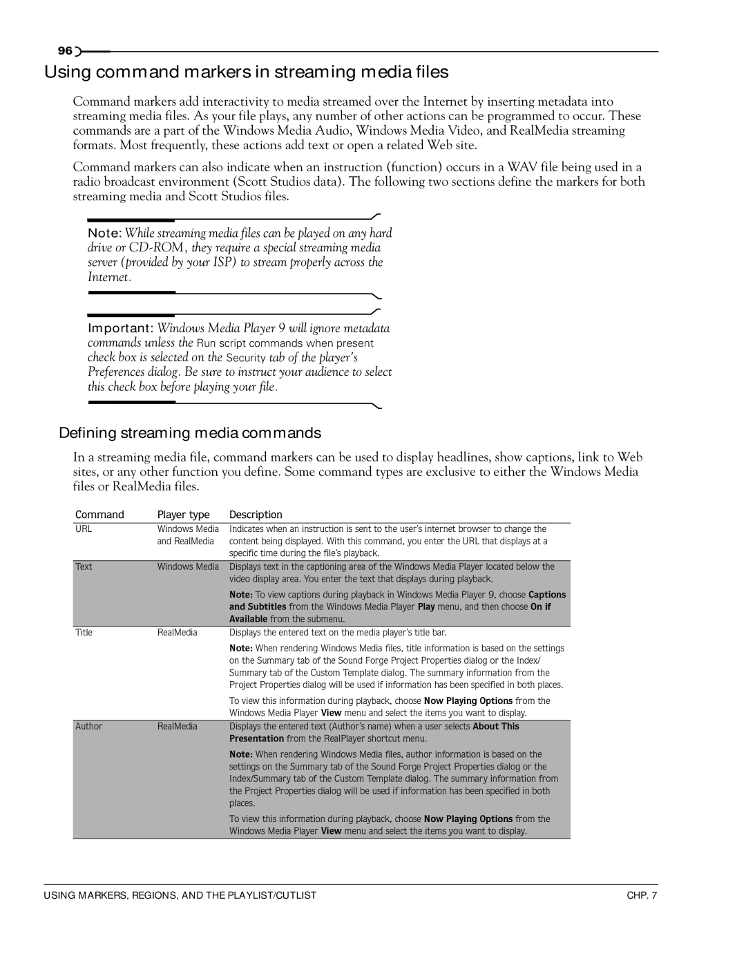 Sony 7 Using command markers in streaming media files, Defining streaming media commands, Command Player type Description 