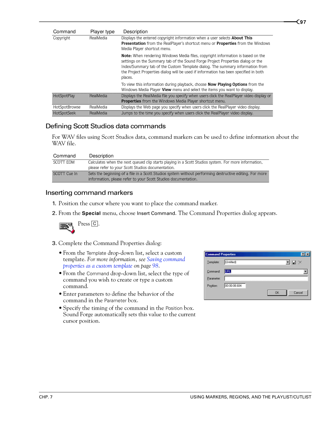 Sony 7 manual Defining Scott Studios data commands, Inserting command markers, Command Description 