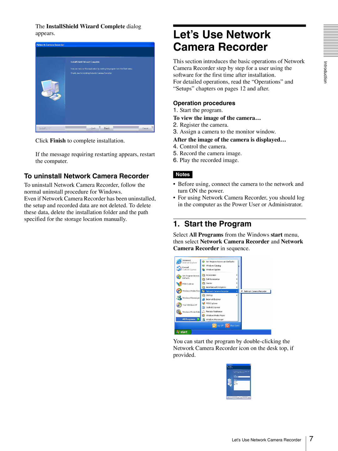 Sony 1340PW, 9032PW, 6027PW manual Let’s Use Network Camera Recorder, Start the Program, To uninstall Network Camera Recorder 