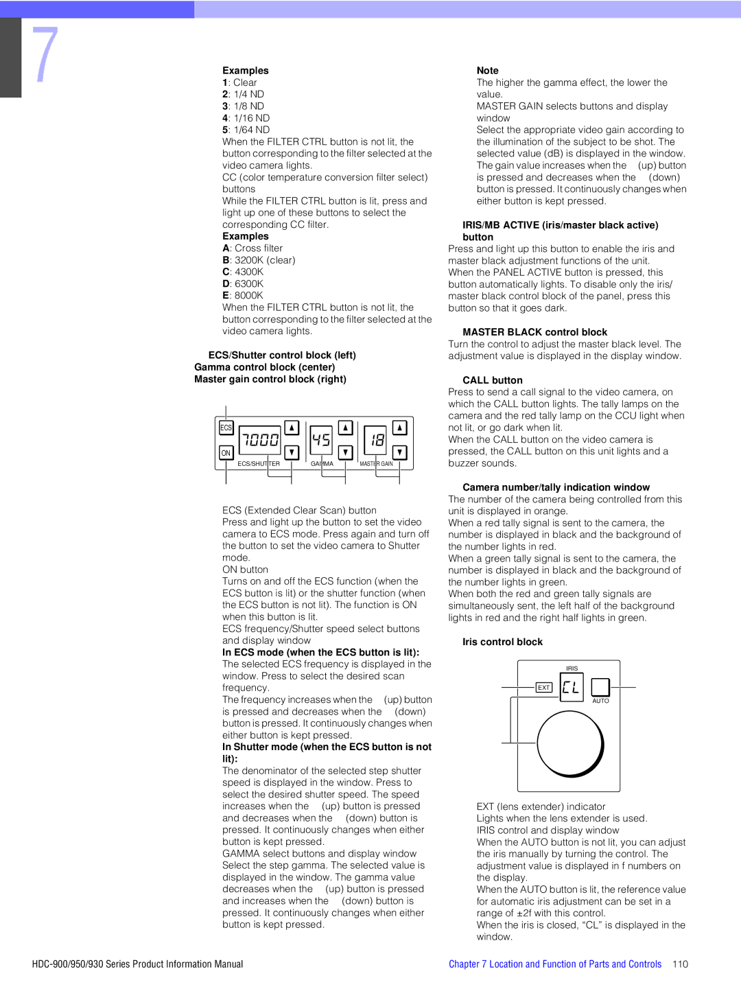 Sony 900, 930, 950 manual Clear, 4 ND, Examples, Shutter mode when the ECS button is not lit, Master Black control block 