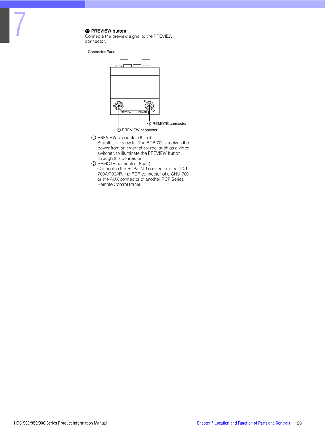 Sony 930, 950, 900 manual Preview button, Connector 