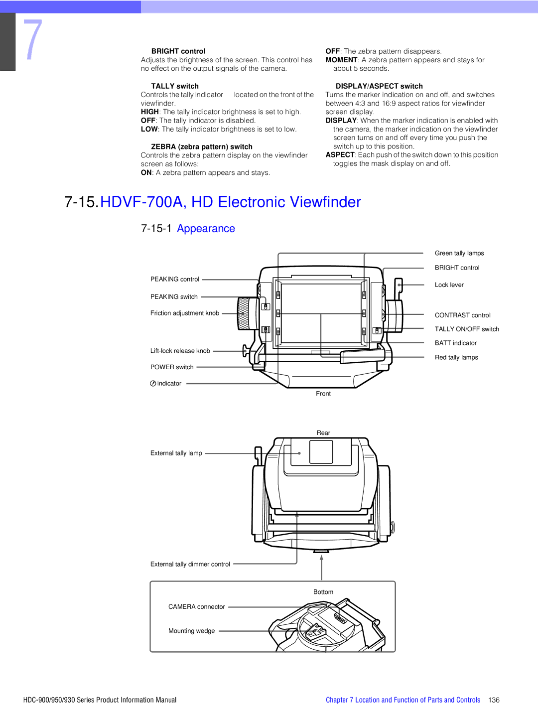 Sony 950, 930, 900 manual HDVF-700A, HD Electronic Viewfinder, 15-1Appearance 