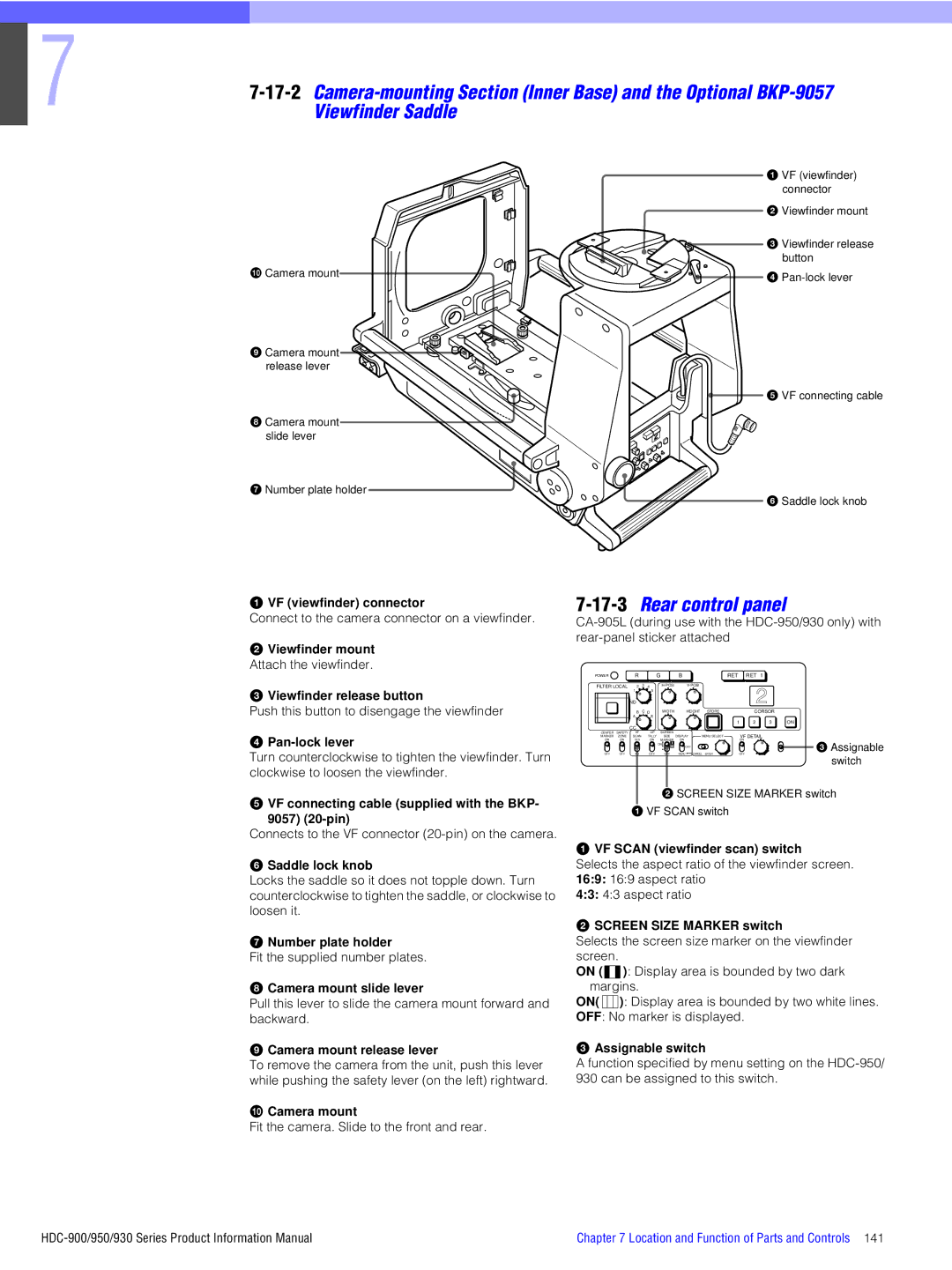 Sony 930, 950, 900 manual Viewfinder Saddle, 17-3Rear control panel 