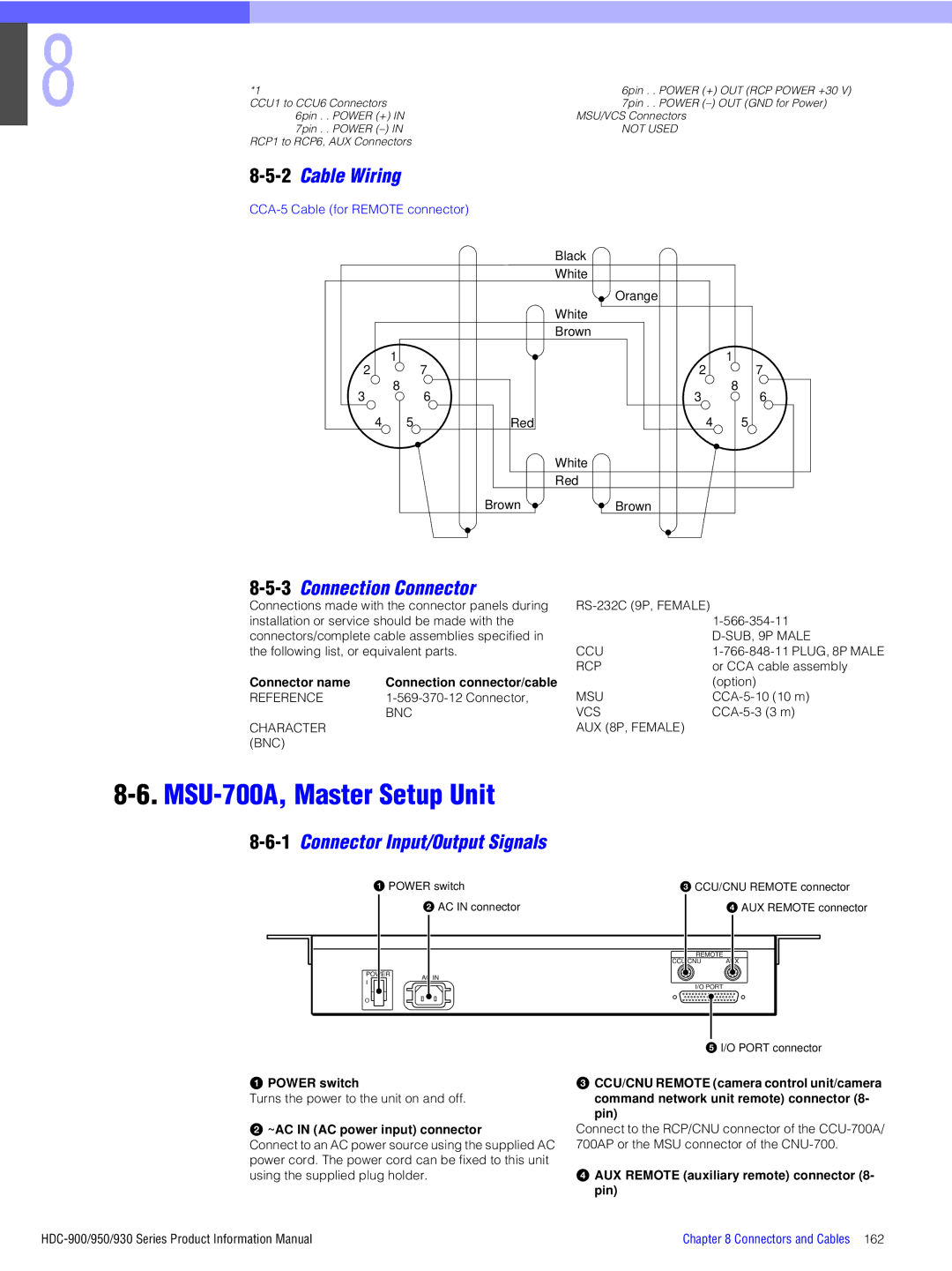 Sony 930, 950, 900 manual 2Cable Wiring, Connector name Connection connector/cable, Bnc Vcs, Character AUX 8P, Female BNC 