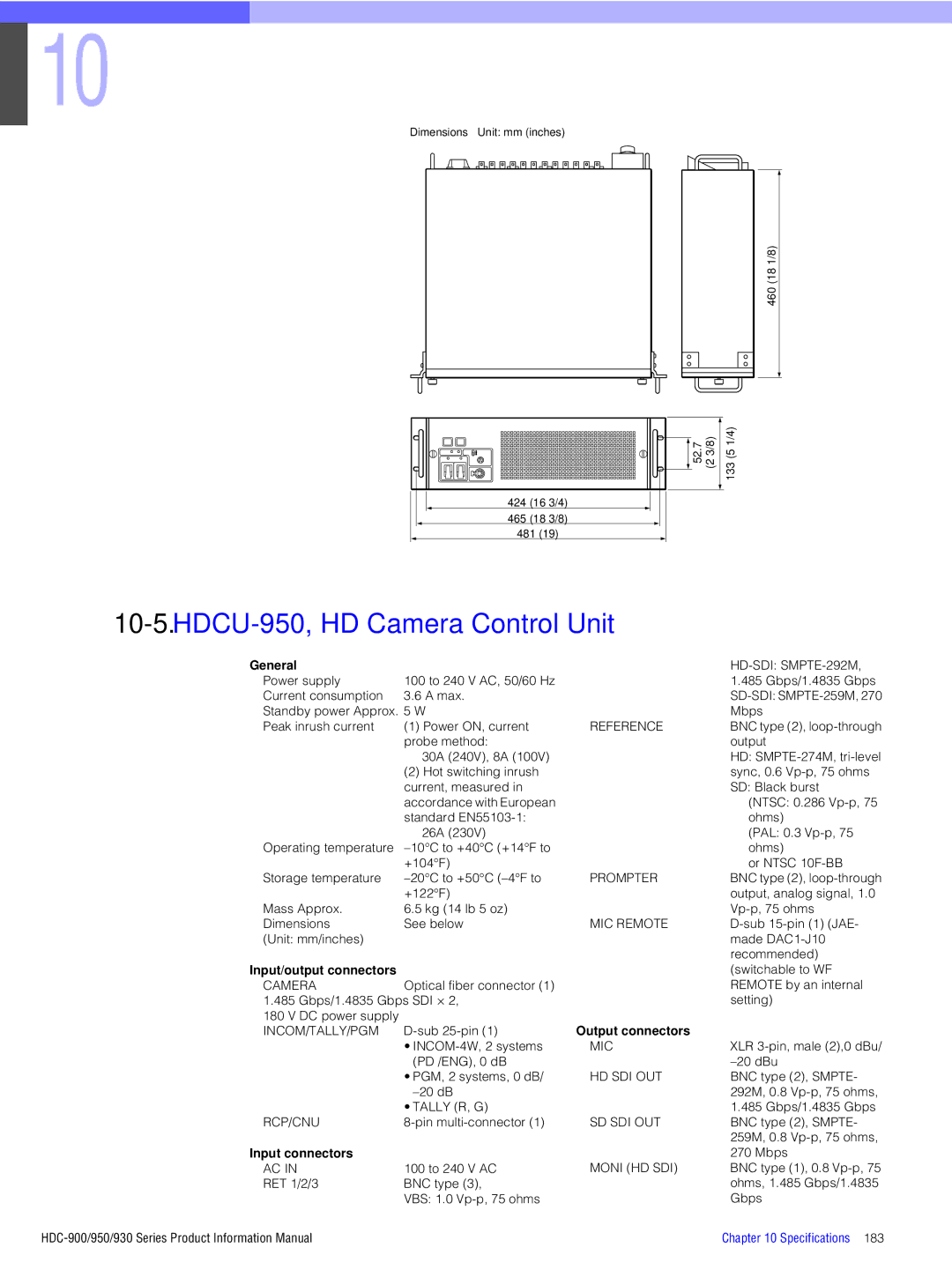 Sony 930, 950, 900 manual HD-SDI SMPTE-292M, Hd Sdi Out, Rcp/Cnu, Sd Sdi Out, Moni HD SDI 