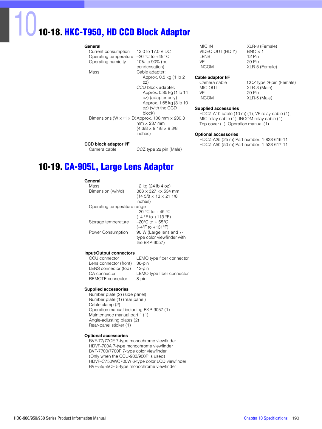 Sony 950, 930, 900 manual 10-19.CA-905L, Large Lens Adaptor, CCD block adaptor I/F, Cable adaptor I/F 