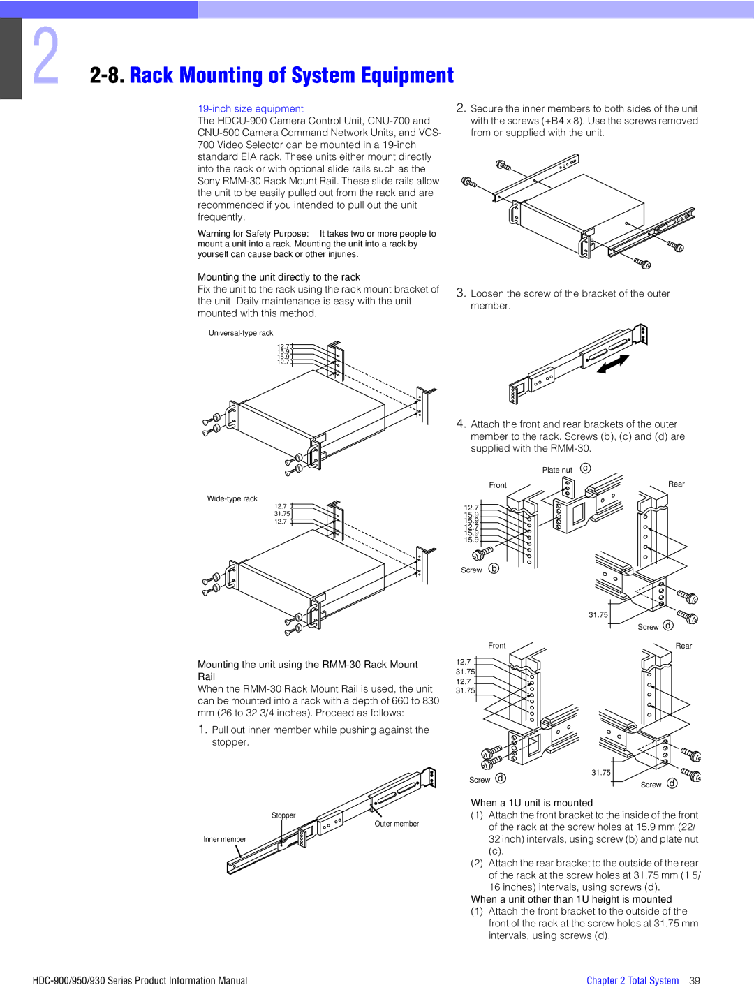 Sony 930, 950, 900 manual Rack Mounting of System Equipment, Inch size equipment, Mounting the unit directly to the rack 