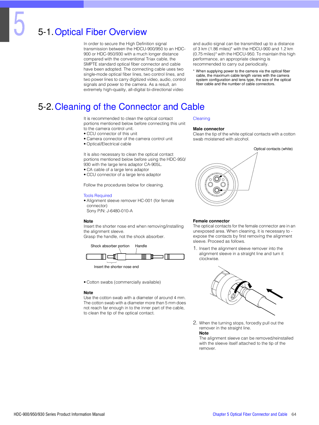 Sony 950, 930, 900 manual Optical Fiber Overview, Cleaning of the Connector and Cable, Male connector, Female connector 