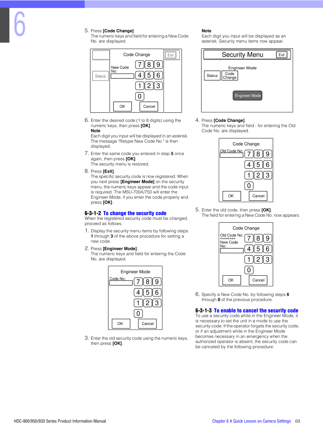 Sony 930 1-2To change the security code, 1-3To enable to cancel the security code, Press Engineer Mode, Press Code Change 